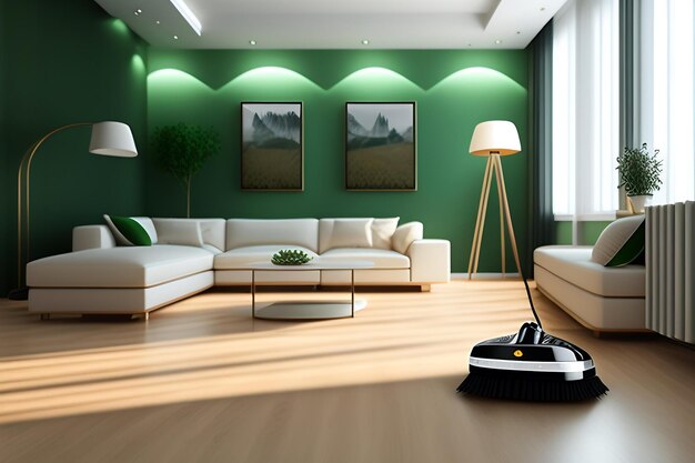 Photo white modern vacuum cleaner robot working vacuuming cleaning wooden parquet floor in living room