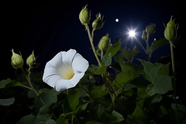 Photo white morning glory flower on the background of the night sky with the moon