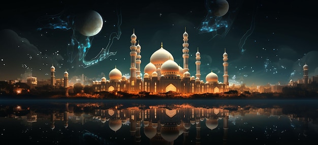 A white mosque lit up at night with the