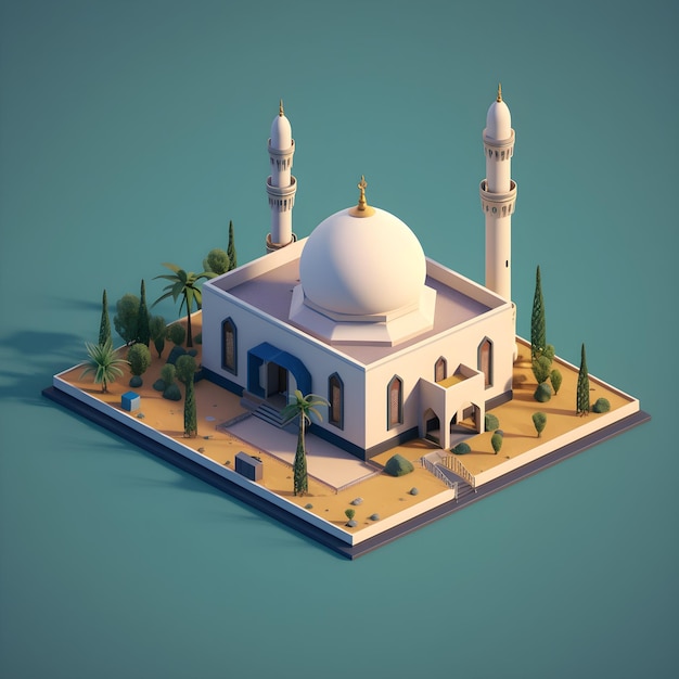 A white mosque with a blue background and trees on the top.