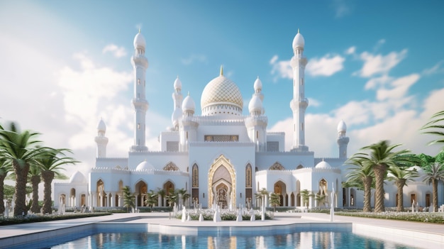 A white mosque with a blue sky and clouds