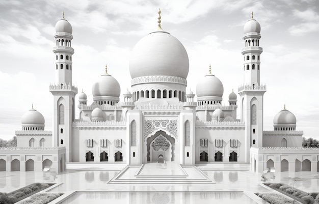 A white mosque with a dome and the word taj in the middle.