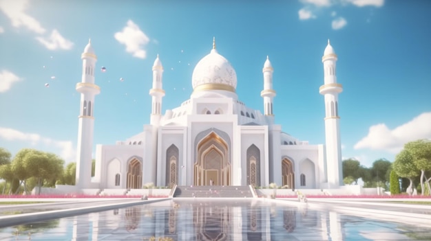 A white mosque with gold trim and a blue sky