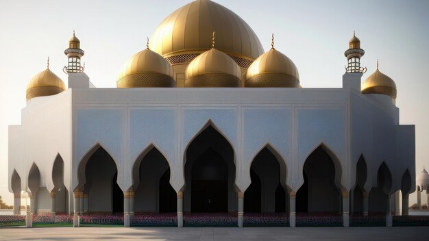 낮 동안 외부에서 볼 수 있는 황금 돔이 있는 흰색 모스크