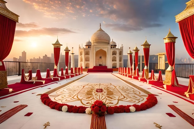 A white mosque with a red floral pattern on the top.