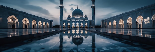 A white mosque with a reflection in the water