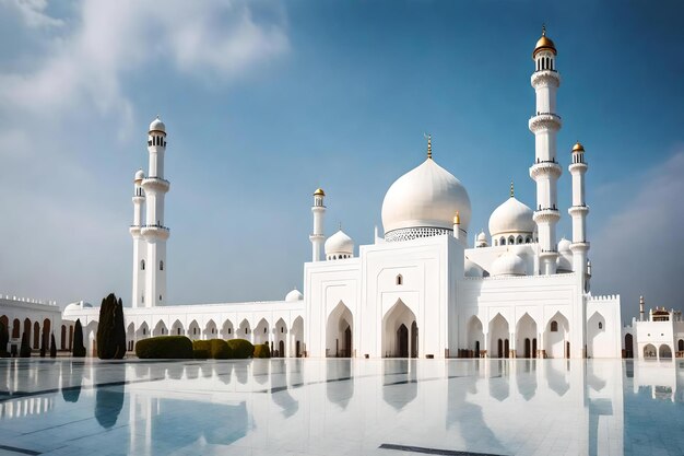 White mosque with reflection in the water