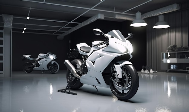 A white motorcycle parked inside of a garage