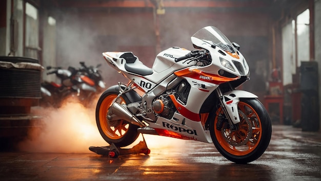 Photo a white motorcycle with lots of steam in a bright environment background ai generative