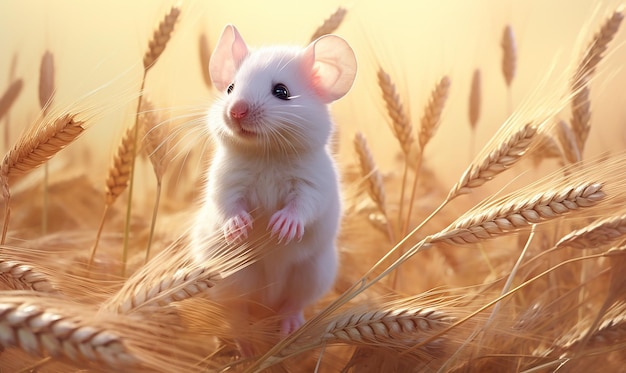a white mouse is standing in a field of wheat