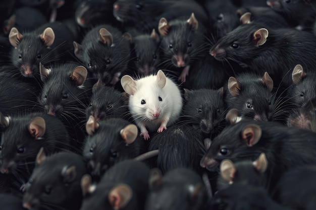 White mouse in a large group of black rodents