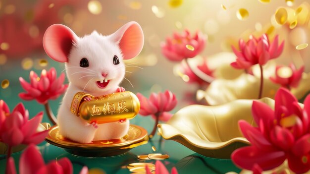 Photo a white mouse sits on a gold ingot and holds a spring couplet over a lotus pond with the chinese text translation auspicious year happy rat year and good luck and wealth to you