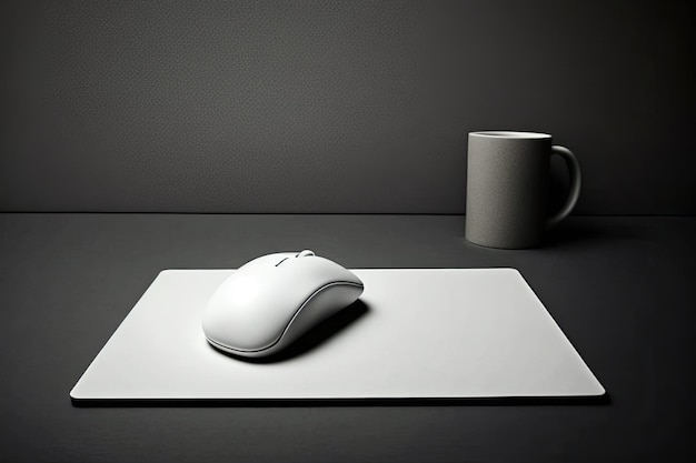 Photo a white mouse sits on a white mousepad next to a mug.