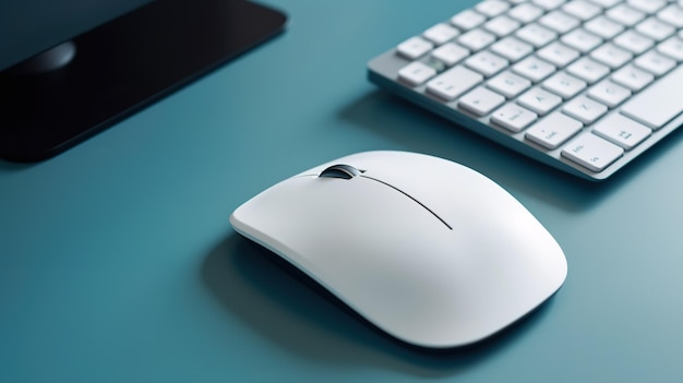 A white mouse with a button on it next to a keyboard.