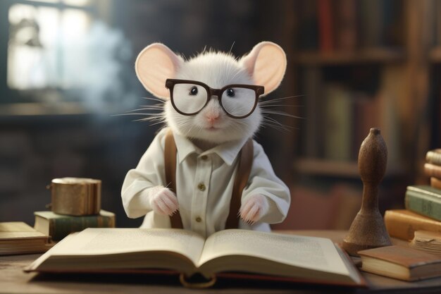 Photo a white mouse with glasses looks at a book in the library. the concept of preparing for school