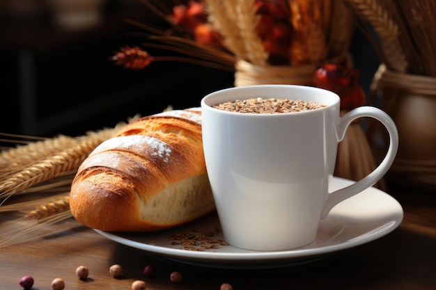 A white mug and an appetizing bun on an autumn background