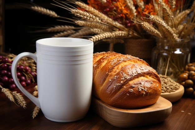 A white mug and an appetizing bun on an autumn background