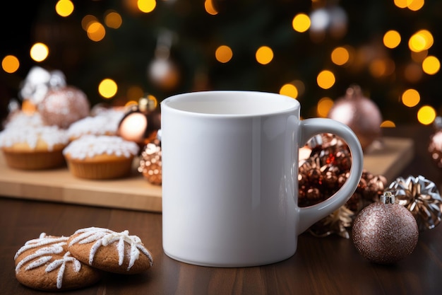 A white mug and an appetizing pastry on an Christmas background