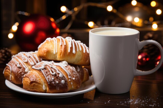 A white mug and an appetizing pastry on an Christmas background