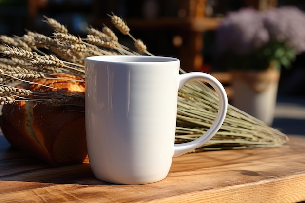 A white mug and an appetizing pastry on an summer background