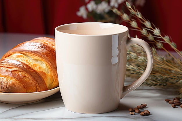 A white mug and an appetizing pastry on an summer background