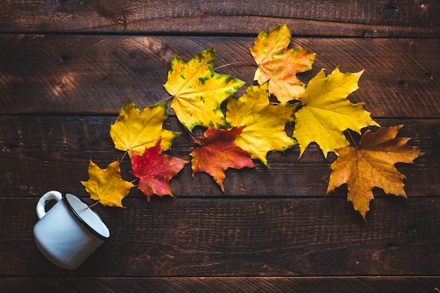 White mug and autumn maple leaves. Autumn concept