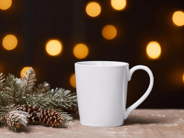 White mug on Christmas background cup mockup