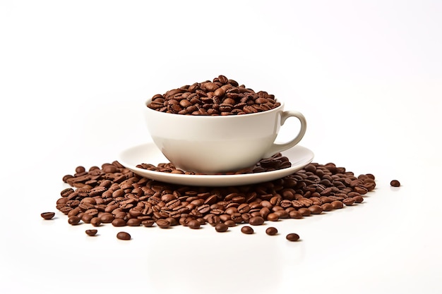 White mug of coffee beans on white background International coffee day Generative AI