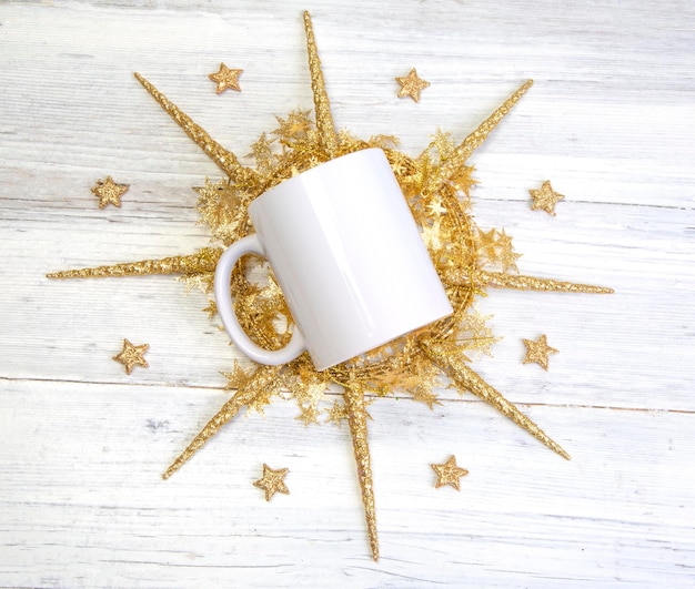 white mug cup holiday mockup Gold Stars wooden background Christmas gifts