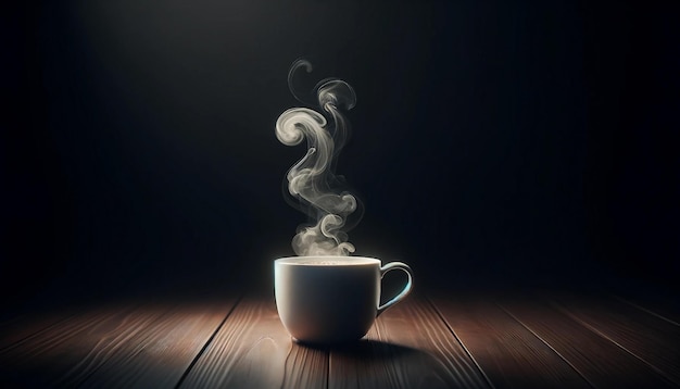 White Mug on Dark Table with Steam Rising