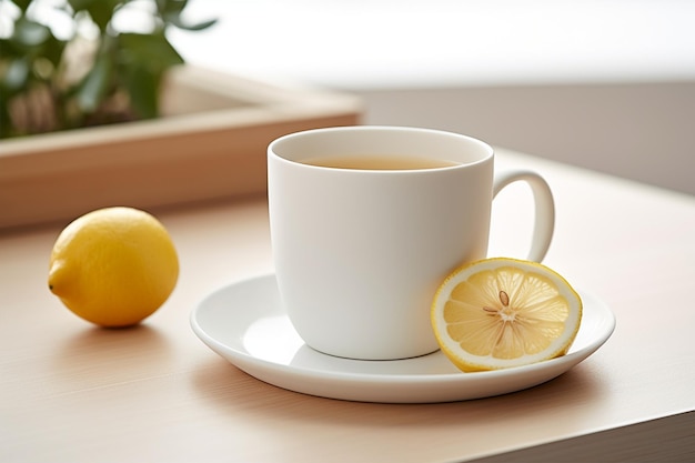 White Mug Filled with Tea and Lemon