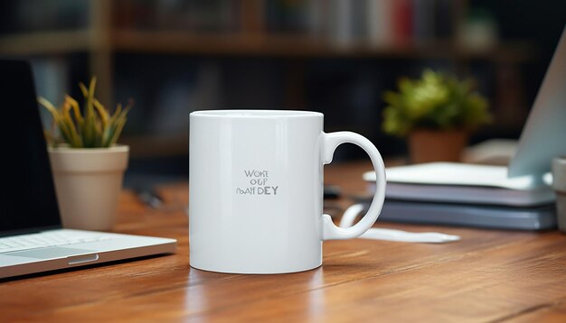 Photo white mug in front of work table and laptop