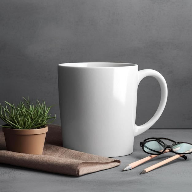 A white mug and glasses sit on a table next to a plant and a pencil on a table.
