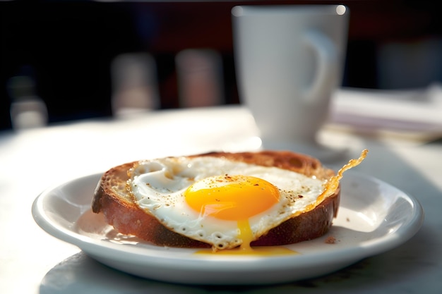 A white mug is on a table with a plate of food.