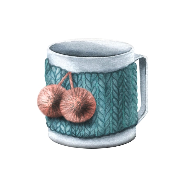 A white mug in a knitted decor Watercolor illustration An isolated object from a large set of COZY WINTER For decoration and design compositions on New Year Christmas and winter themes