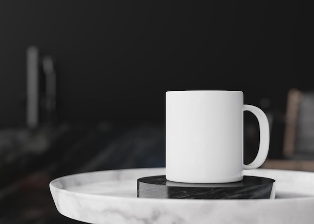 White mug mock up blank template for your design advertising\
logo closeup view copy space cup standing on coffee table in modern\
interior minimalist coffee cup mockup 3d rendering