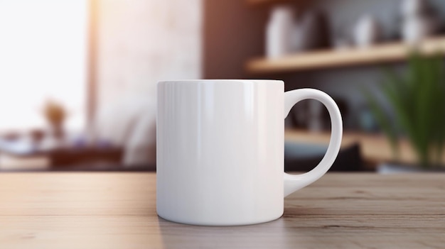 White mug mockup against the background of blurred lights