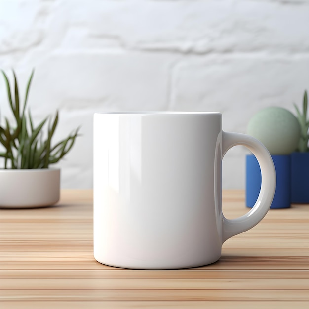 white mug mockup on top of a light wooden table