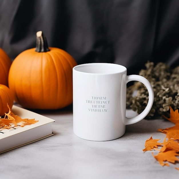 White mug mockup with halloween pumpkins