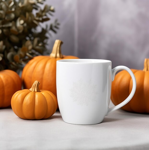 White mug mockup with halloween pumpkins