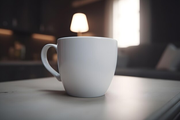 A white mug sits on a table in front of a lamp.