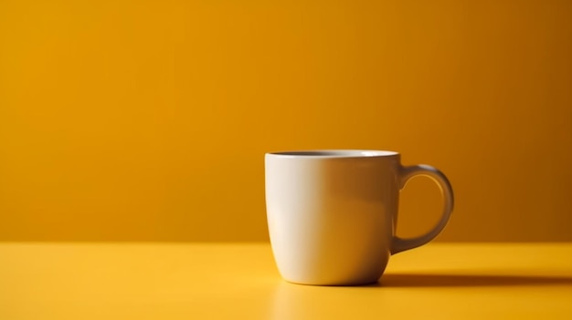 A white mug sits on a yellow table in front of a yellow background.