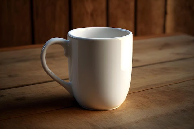 A white mug on a table in a cafe.