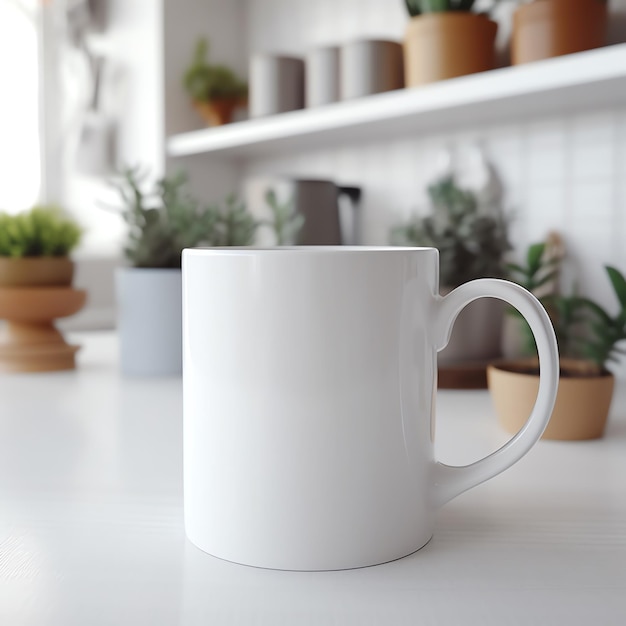 A white mug on a table