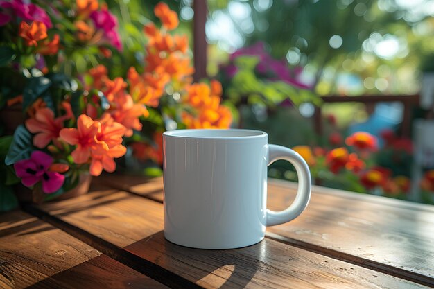 A white mug on a table