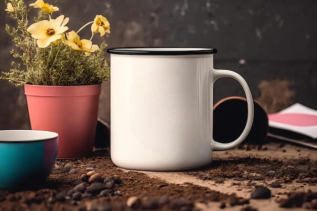 A white mug with a black rim and a white label that says'coffee'on it.