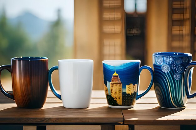 a white mug with a blue top sits on a wooden table with a picture of a city in the background.