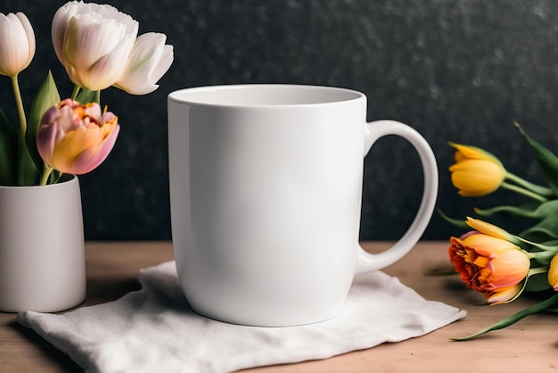 A white mug with a bunch of flowers on a table