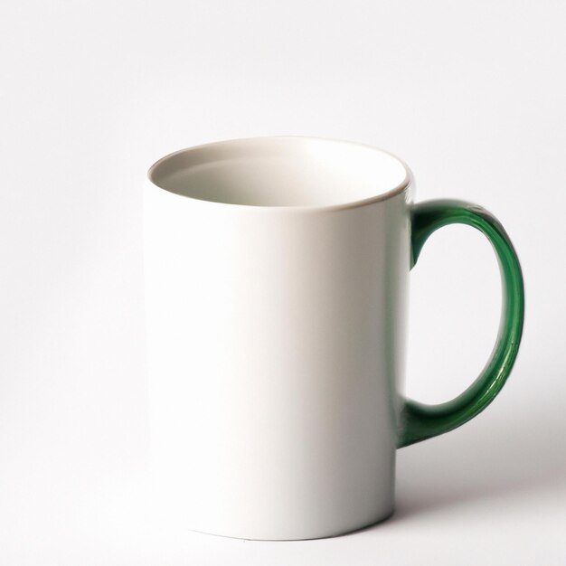 A white mug with a green handle stands on a white background