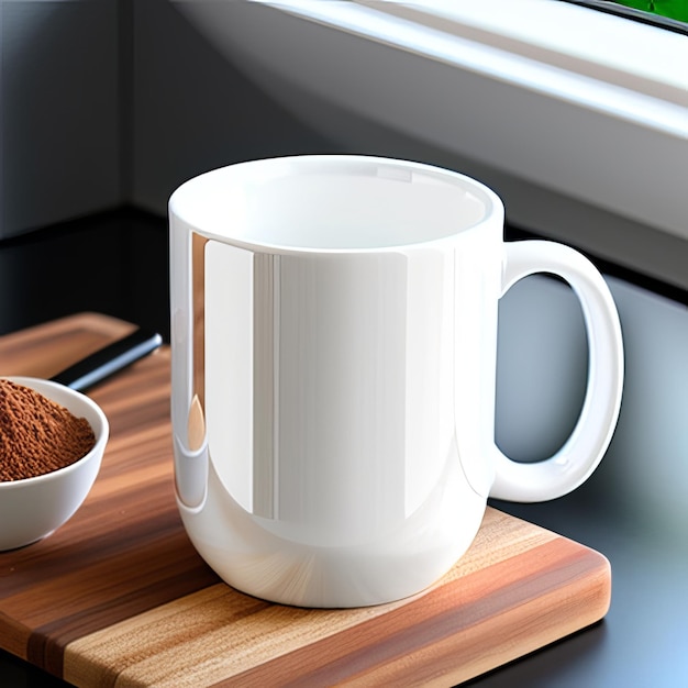 A white mug with the handle on it next to a bowl of cocoa